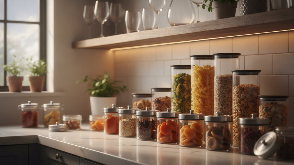 Glass storage jars of several sizes lined up along a kitchen counter under a shelf of stemware