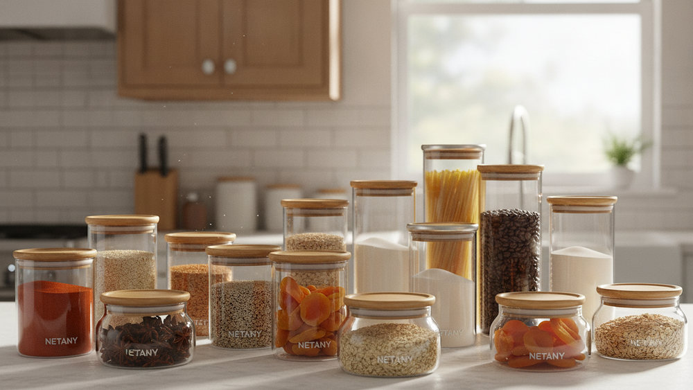 A group of glass storage jars with bamboo lids, filled with grains, pasta and dried fruit, standing on a kitchen worktop