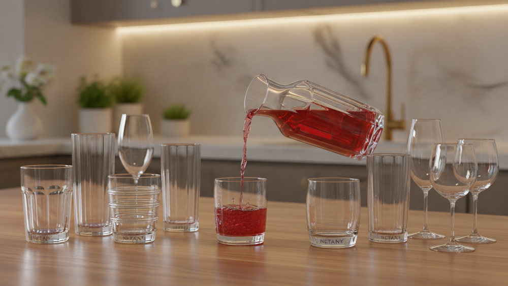 A glass carafe pouring a red drink into a tumbler, with drinking glasses and stemware standing on a wooden worktop